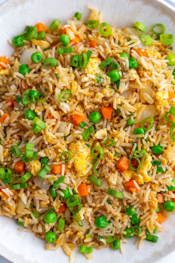 vegetarian fried rice in a large white bowl