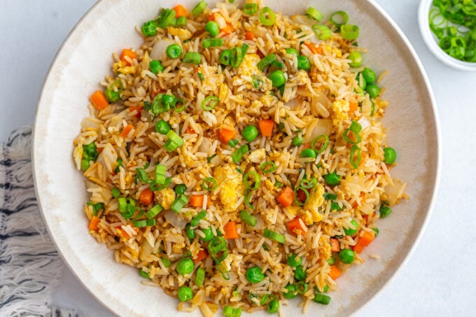 vegetarian fried rice in a large white bowl