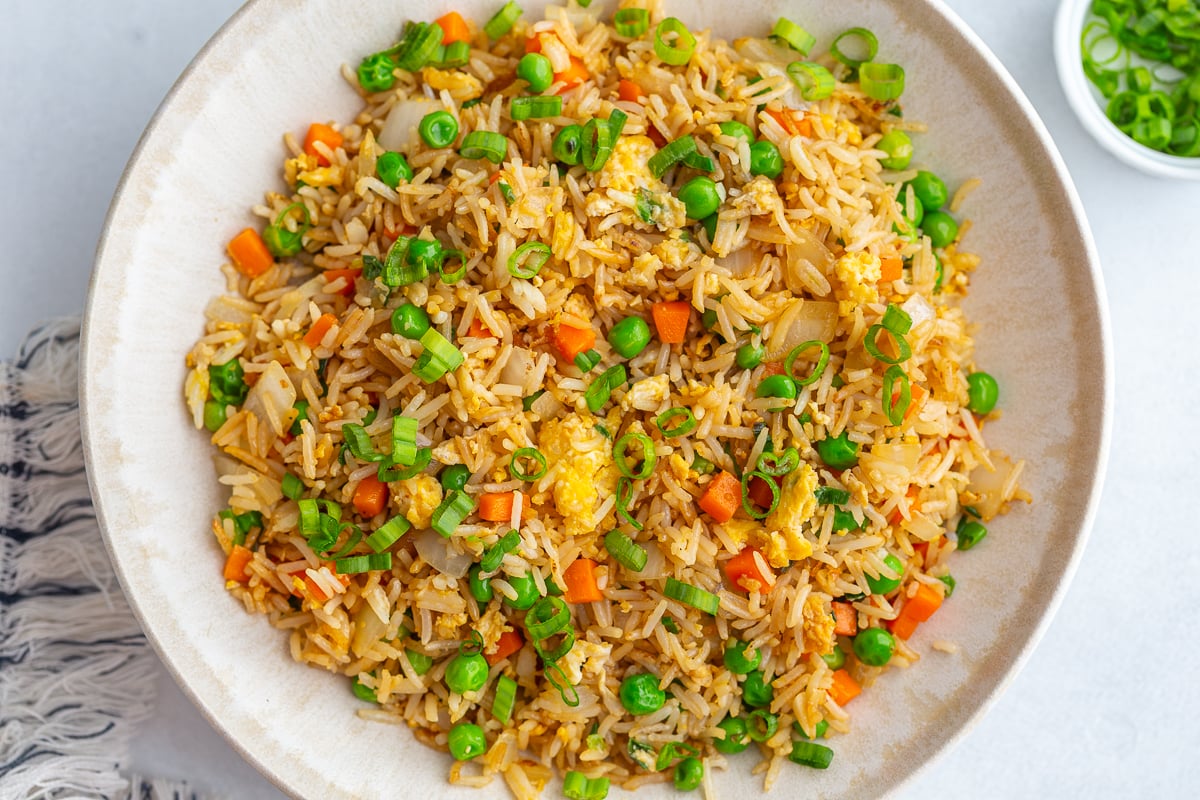 vegetarian fried rice in a large white bowl