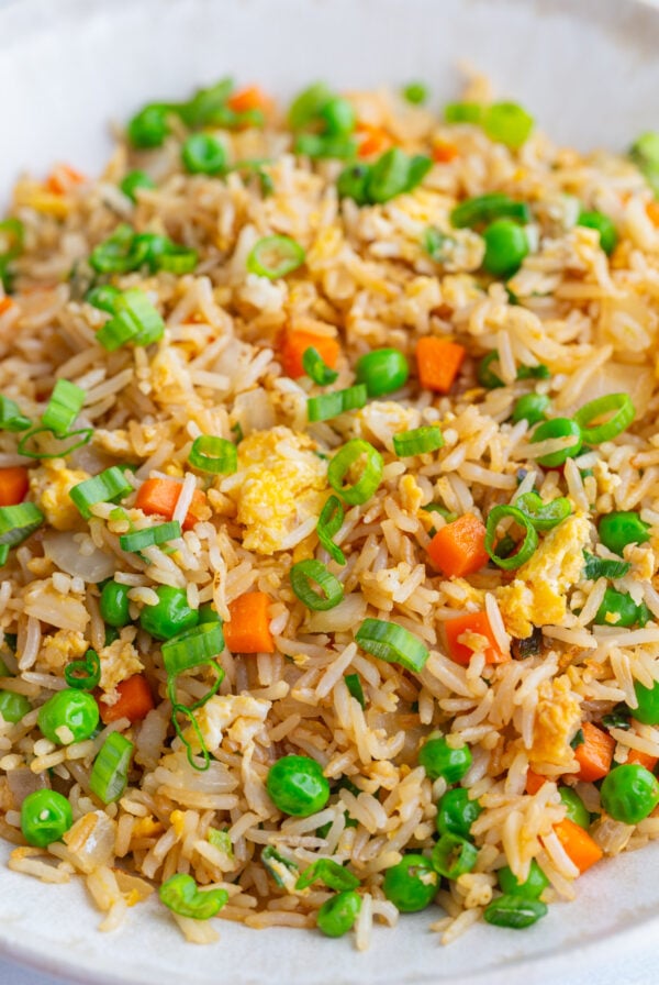 vegetarian fried rice in a white bowl