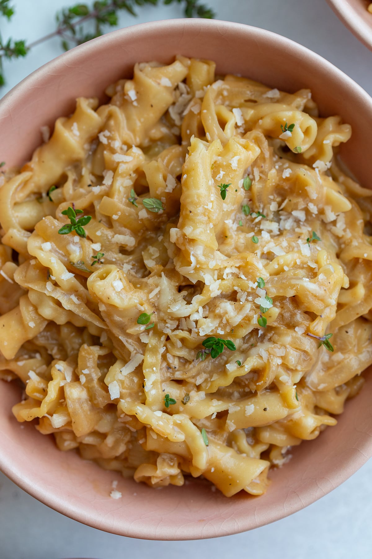 creamy french onion pasta in a pink bowl