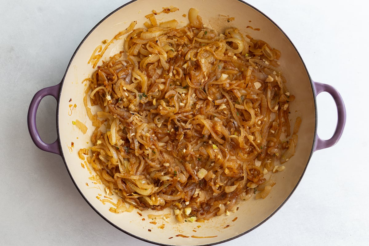 caramelized onions and garlic in a large pot