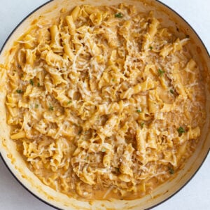 french onion soup pasta in a large skillet