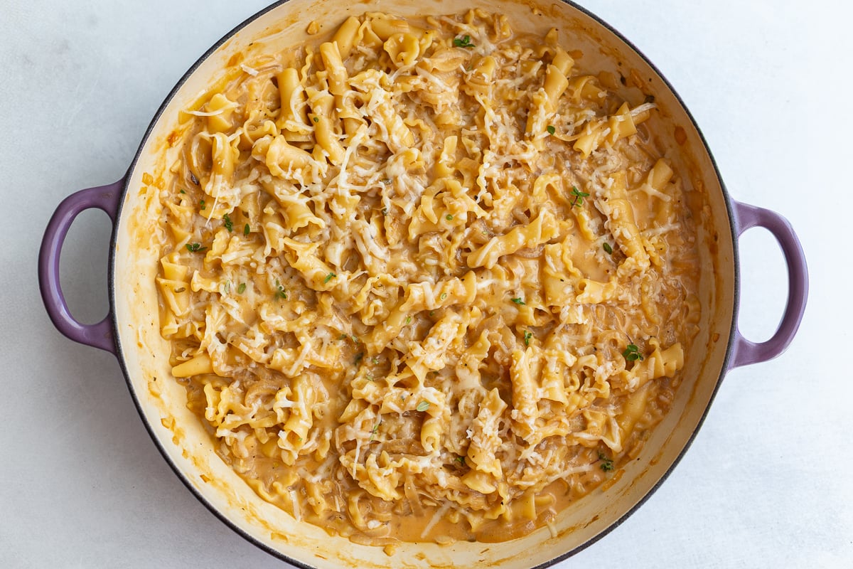 french onion soup pasta in a large skillet