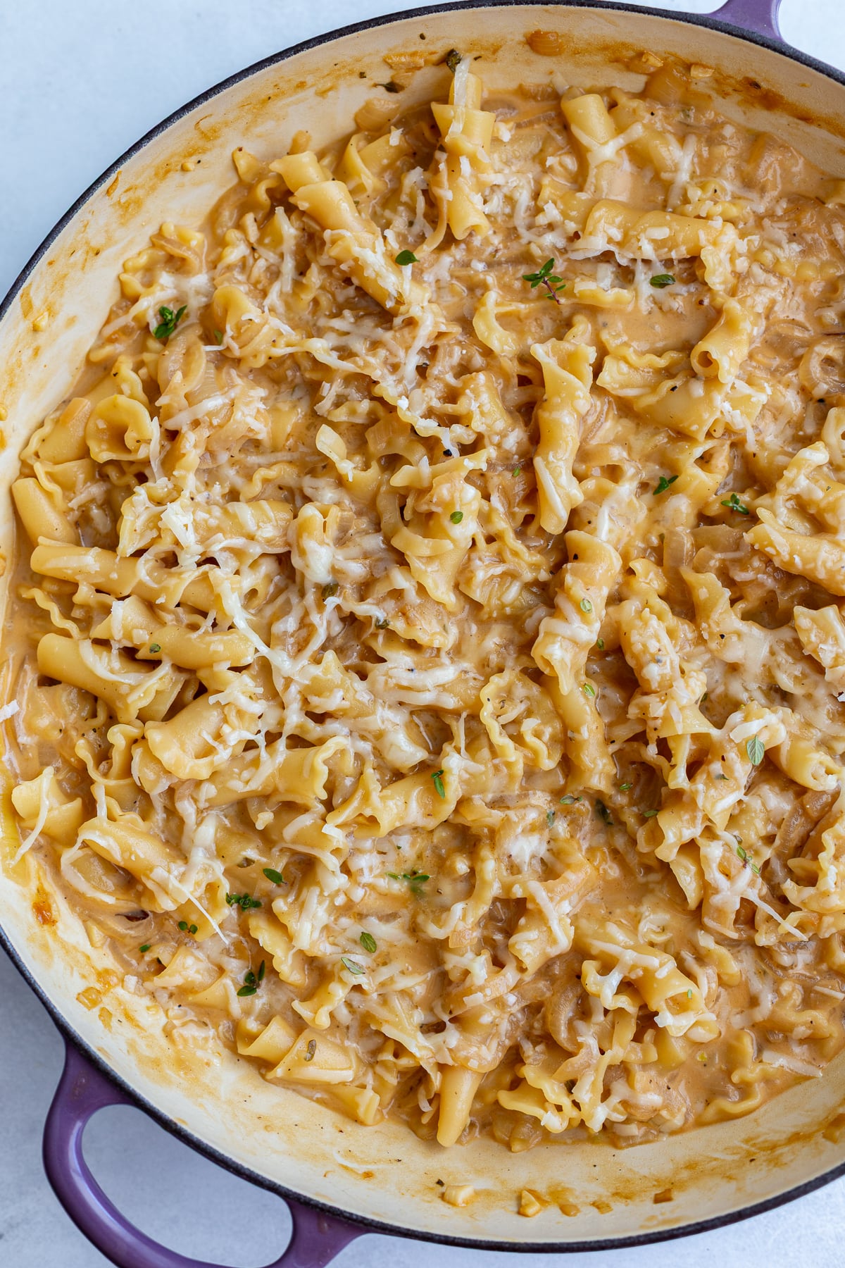 french onion soup pasta in a large skillet