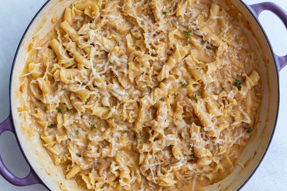 french onion soup pasta in a large skillet