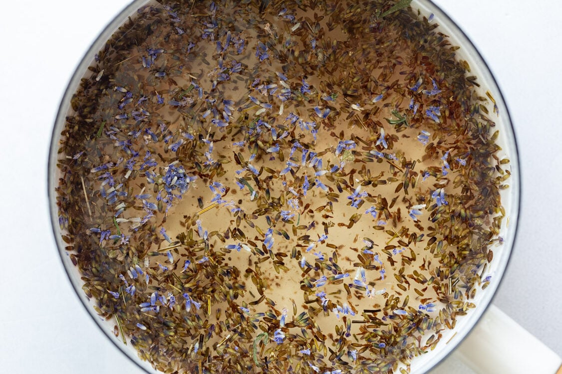 lavender in a pot cooking to make a simple syrup