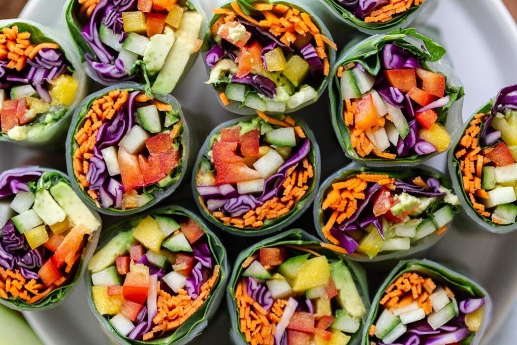 spring rolls cut in half so you can see the inside