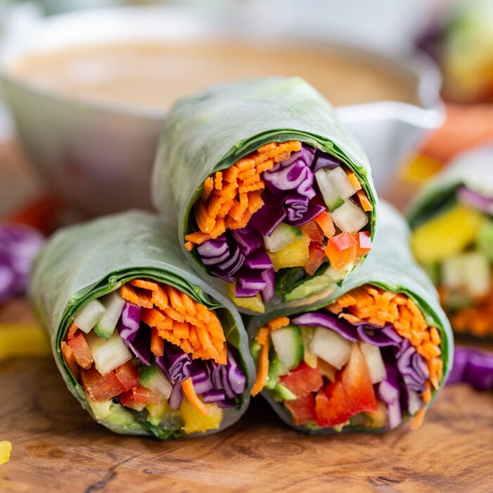 spring rolls cut in half so you can see the inside