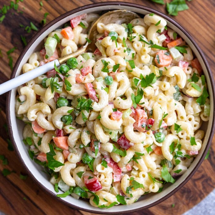 classic macaroni salad in large bowl