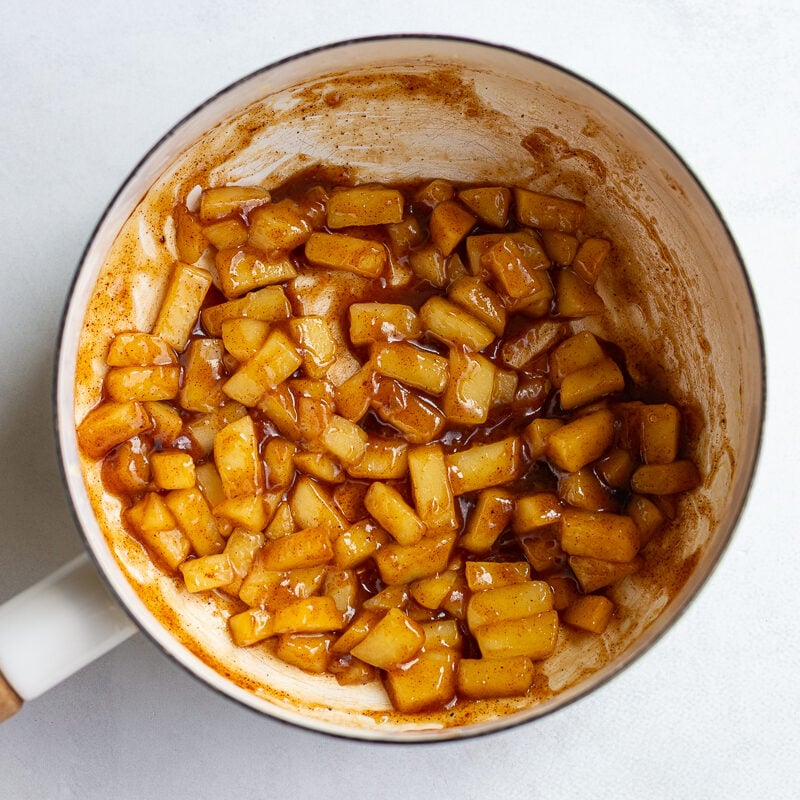 diced cinnamon apples in a white pot