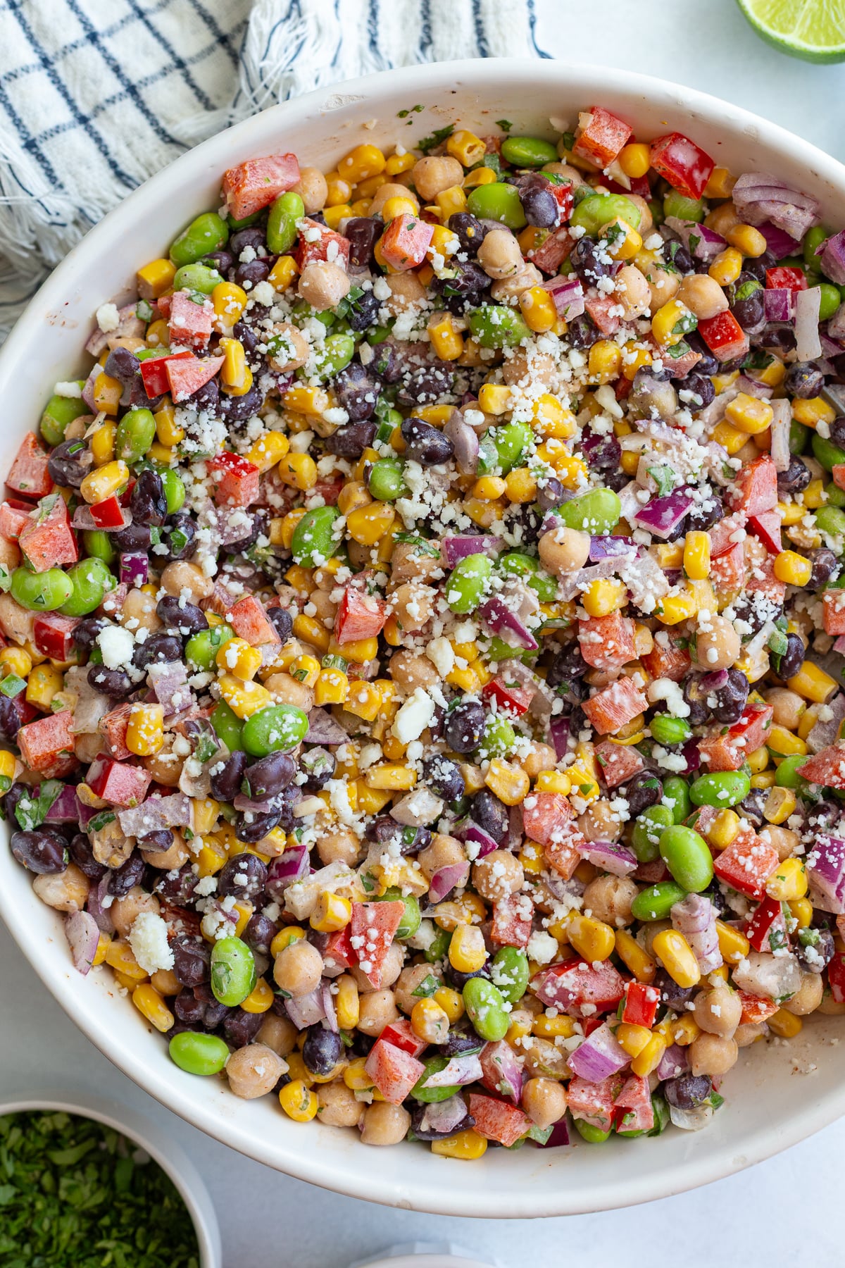 mexican street corn dense bean salad in a large bowl filled with chickpeas, pinto beans, edamame, and fresh veggies topped with cotija