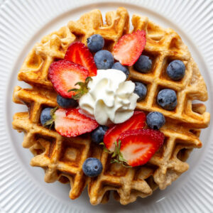 Waffle on a white plate topped with berries and whipped cream.