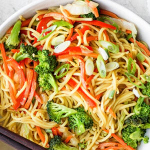 vegetable chow mein in a large bowl