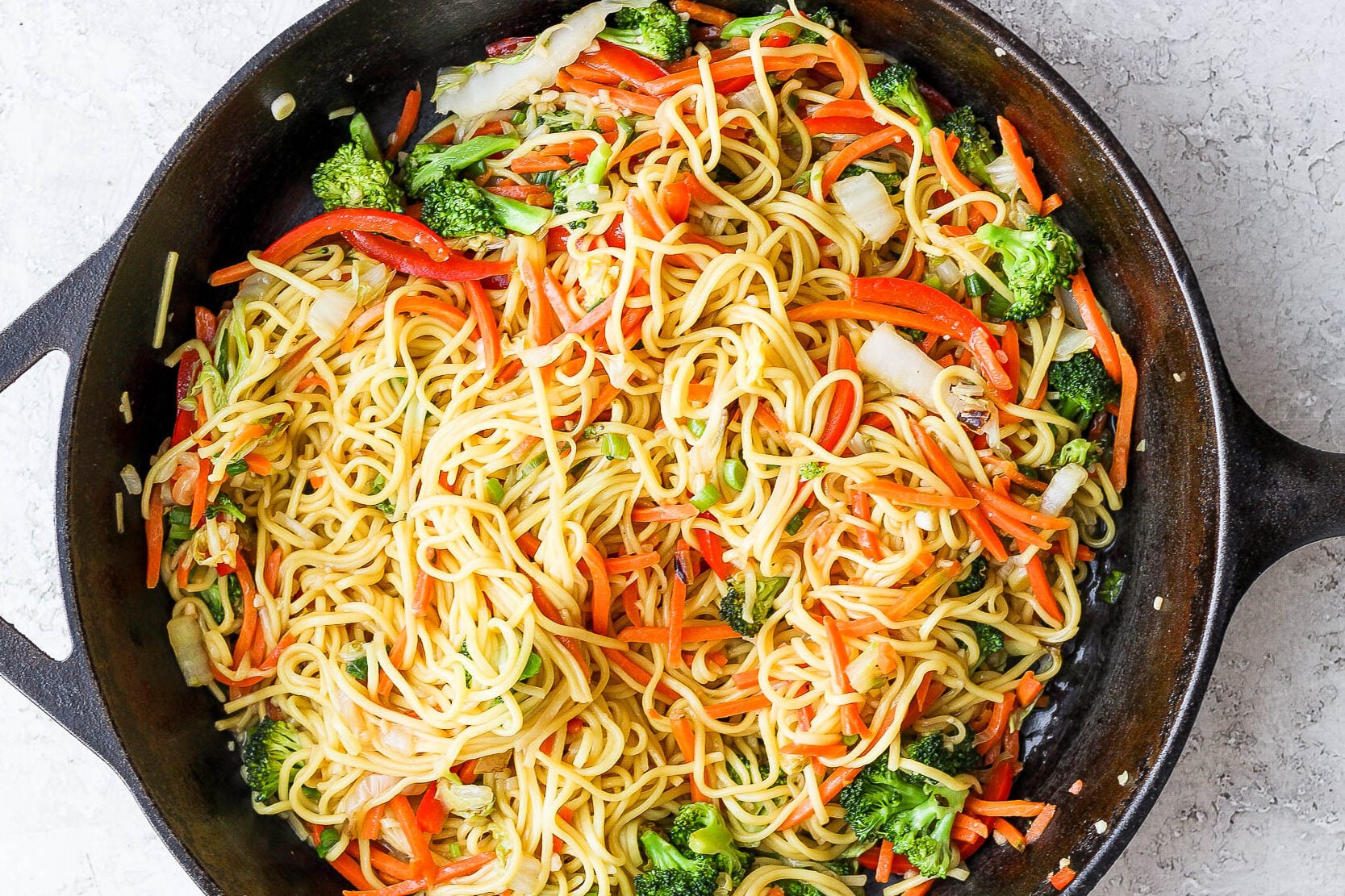 vegetable chow mein in a skillet