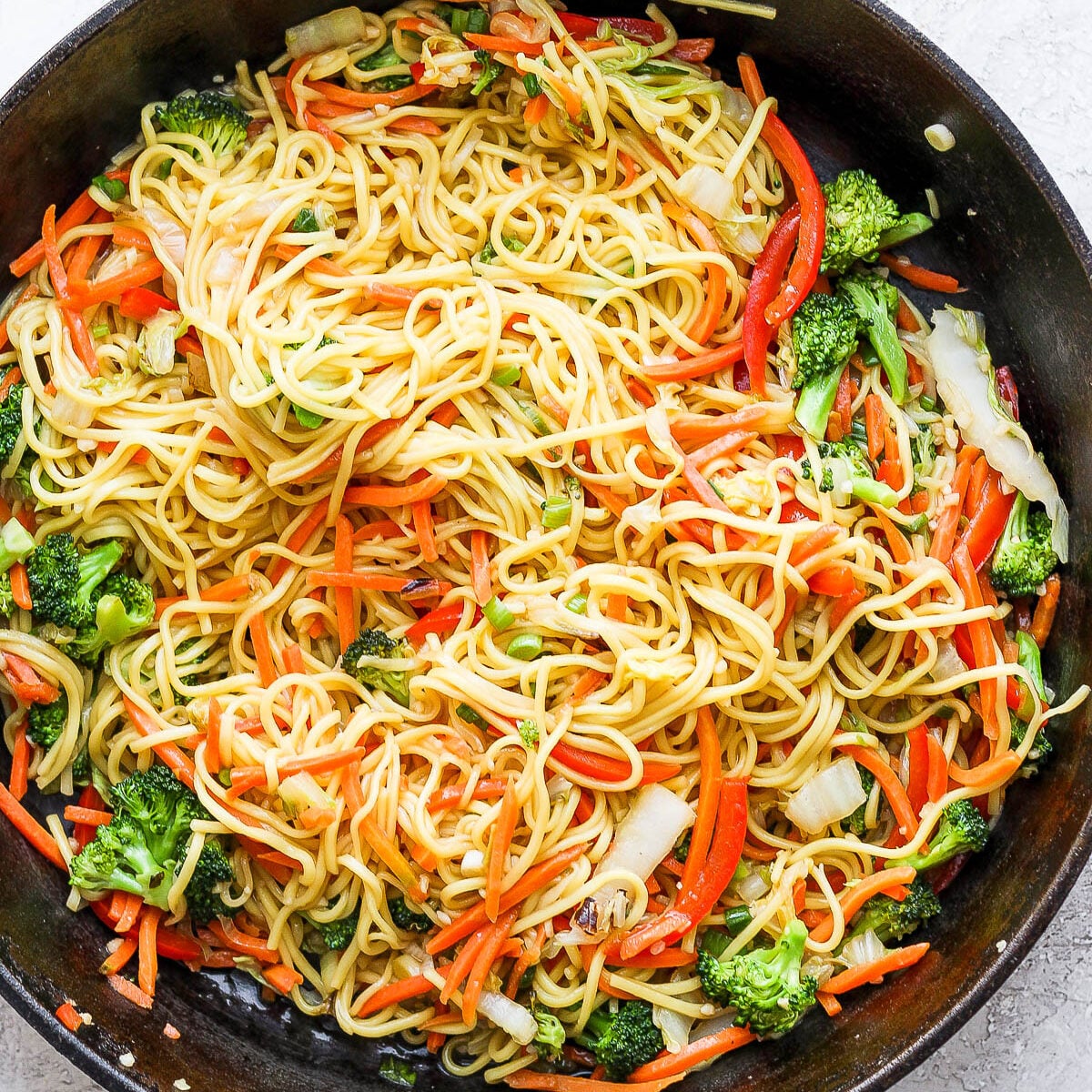 vegetable chow mein in a skillet
