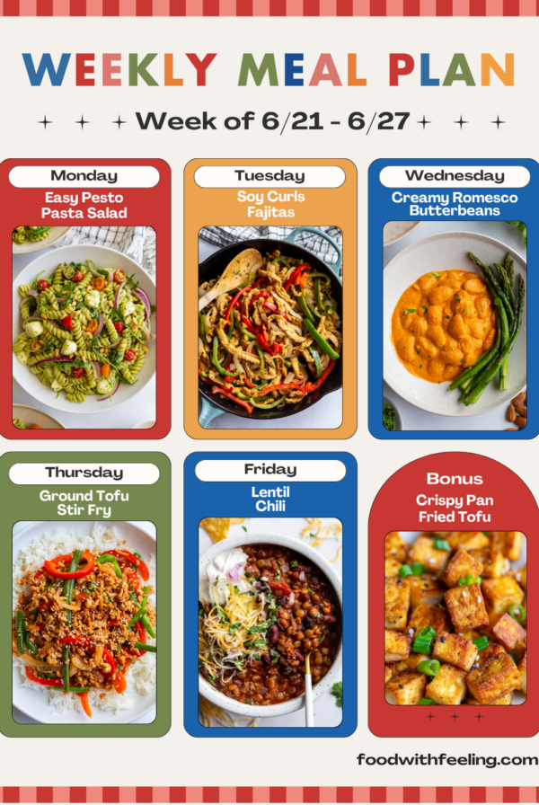 meapl plan graphic that includes 6 vegetarian recipes labeled "weekly meal plan" in colorful letters with the dates "week of June 21-27"