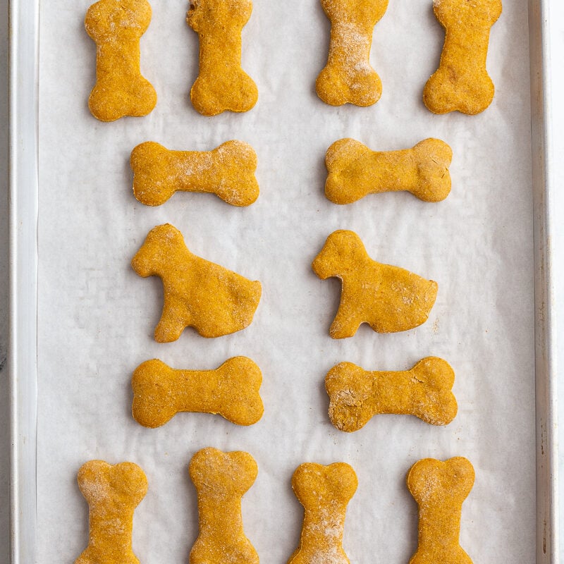 Baked dog treats on a parchment lined cookie sheet.