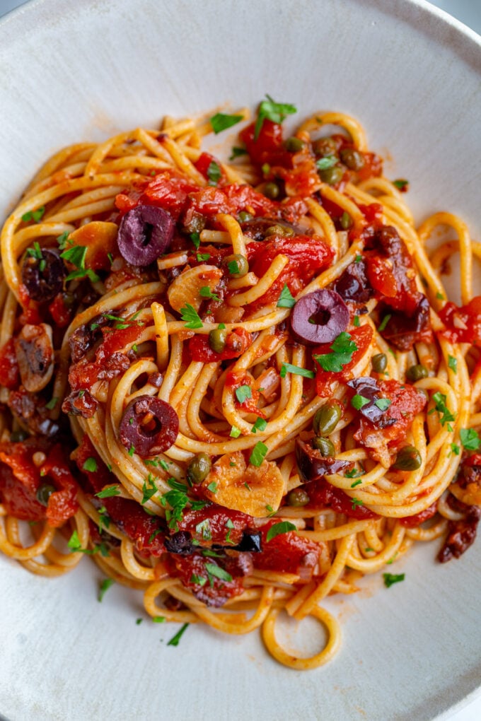 pasta alla puttanesca on a large plate