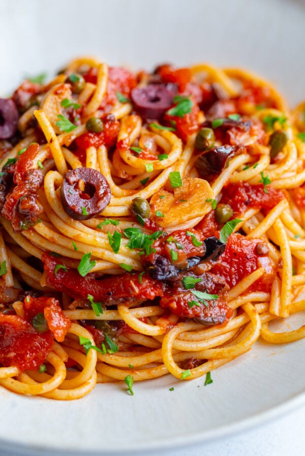 pasta alla puttanesca on a large plate