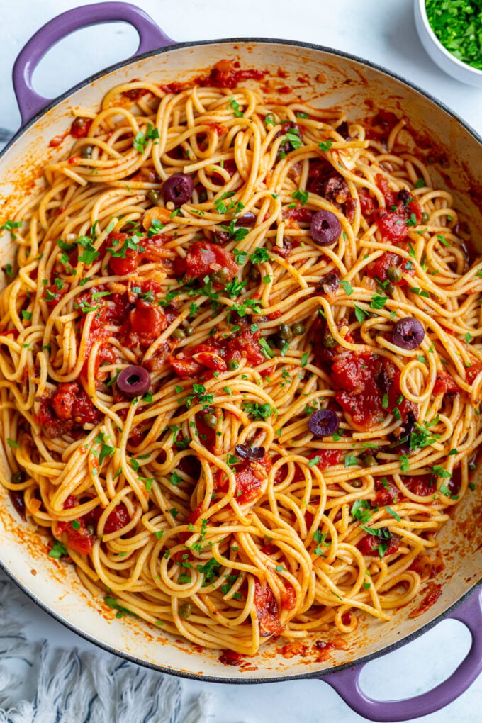 pasta alla puttanesca in a large skillet