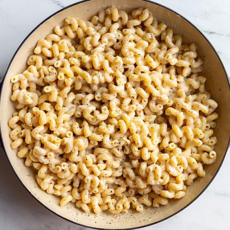 creamy cavatappi pasta in a large skillet