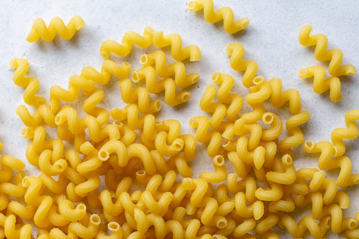 uncooked corkscrew pasta noodles