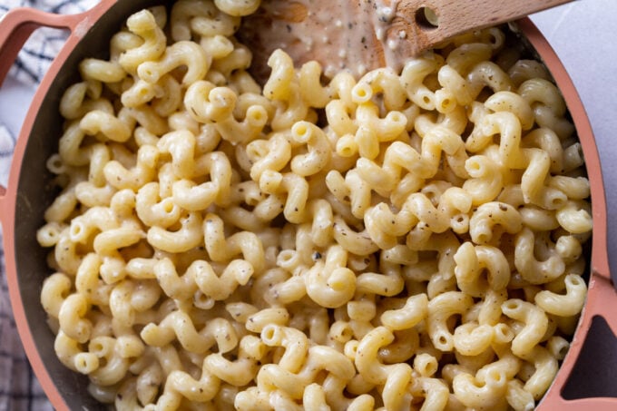 creamy cavatappi pasta in a large skillet