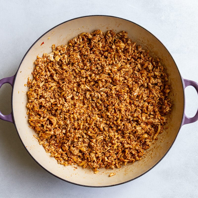 ground tofu meat in a large skillet