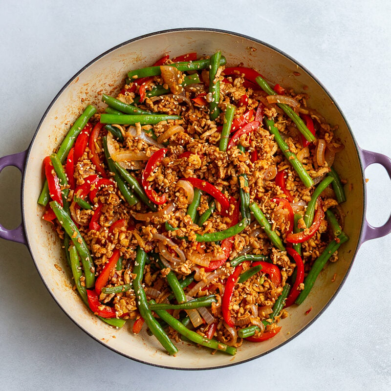 ground tofu stir fry in a large skillet