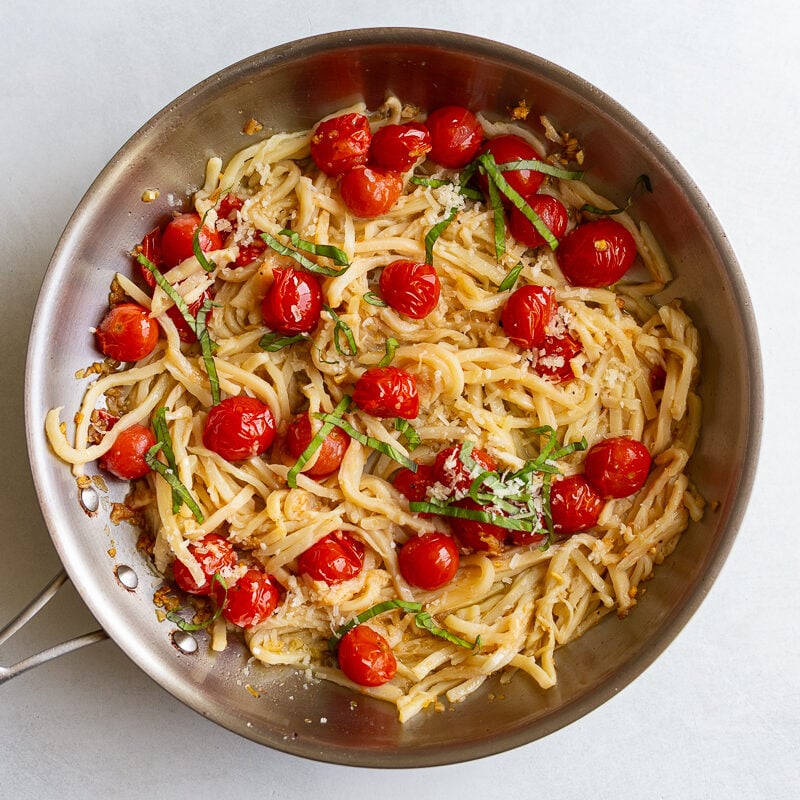 hearts of palm pasta with cherry tomatoes in a skillet