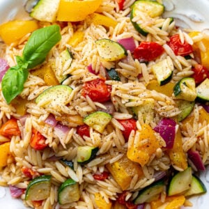 Orzo pasta salad with roasted veggies mixed in.