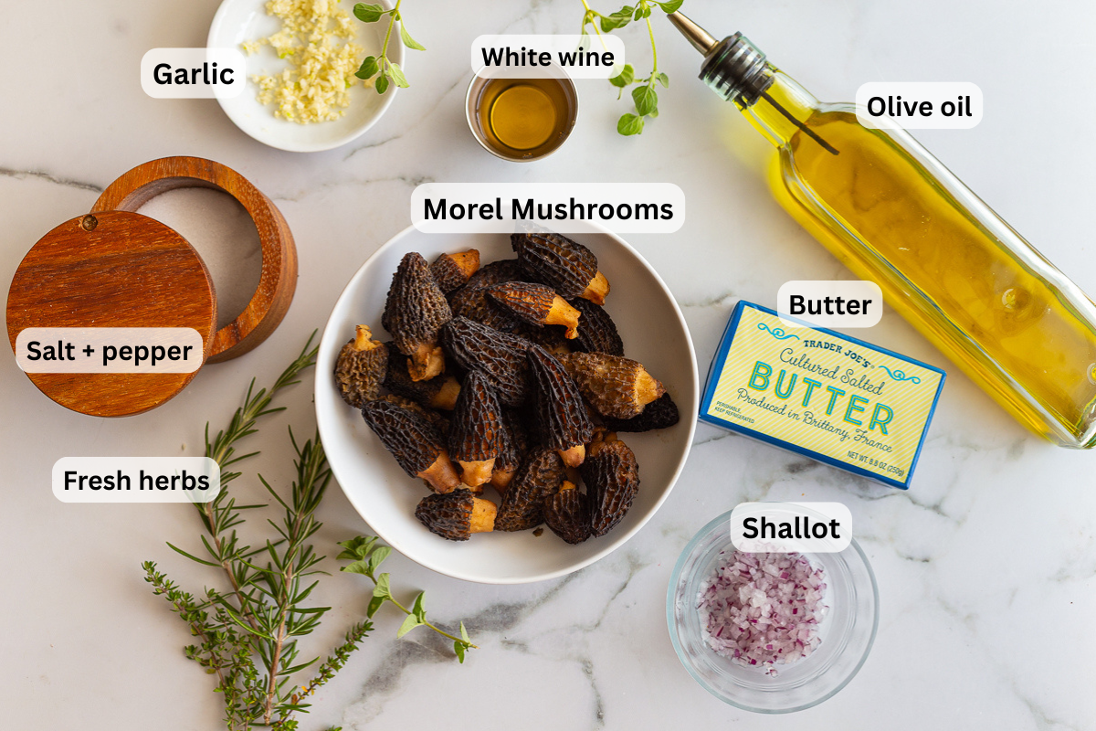 labeled ingredient shot for sauteed morel mushrooms including morel mushrooms, olive oil, butter, shallot, garlic and fresh herbs