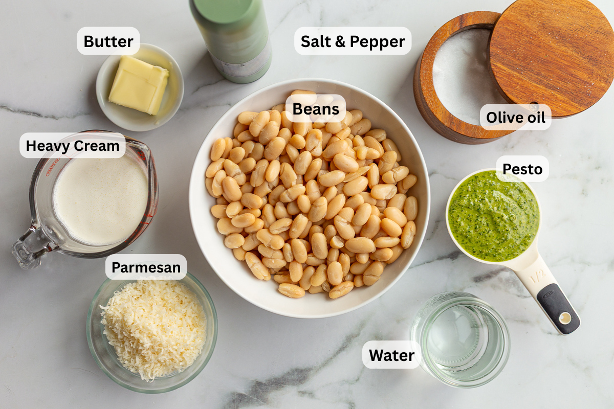 labeled ingredients needed to make creamy pesto beans including beans, butter, salt and pepper, pesto, parmesan and cream