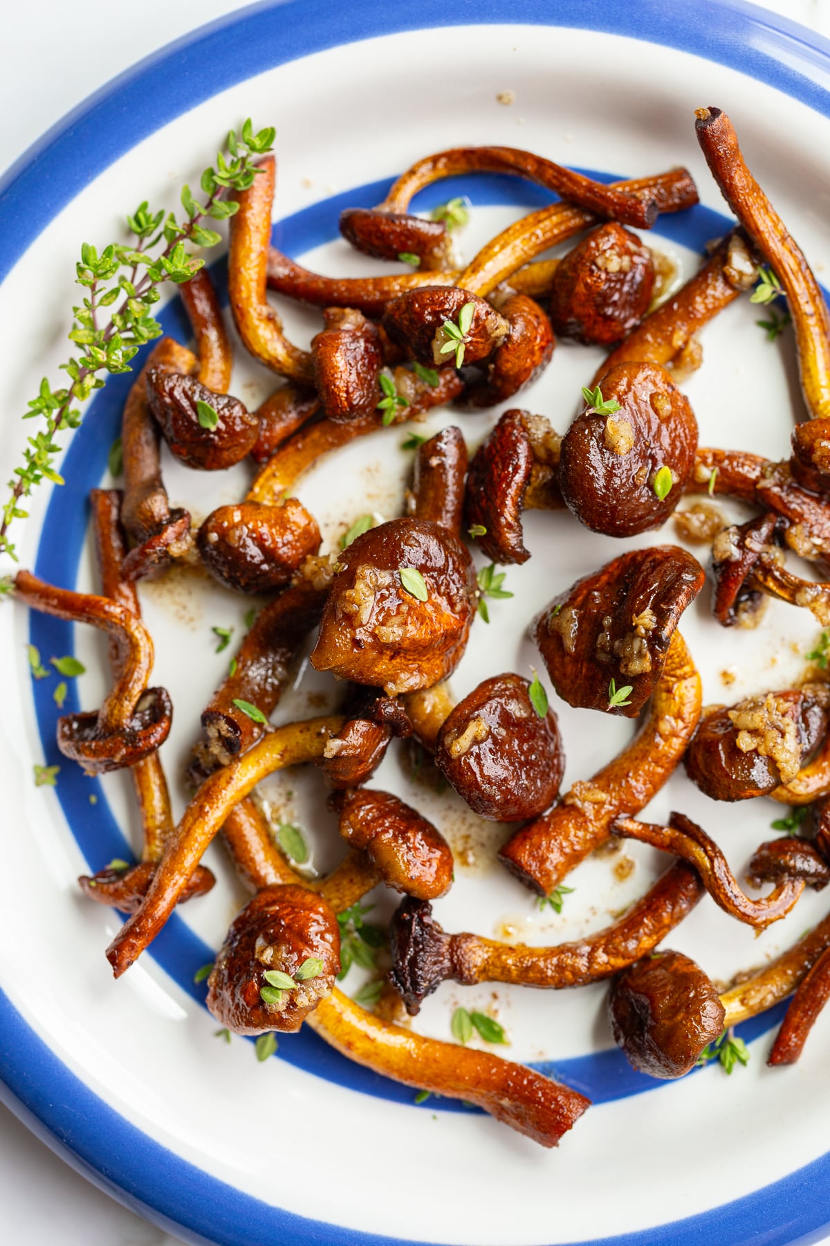 Overhead shot of caramelized chestnut mushrooms on a blue-rimmed plate, garnished with fresh thyme sprigs