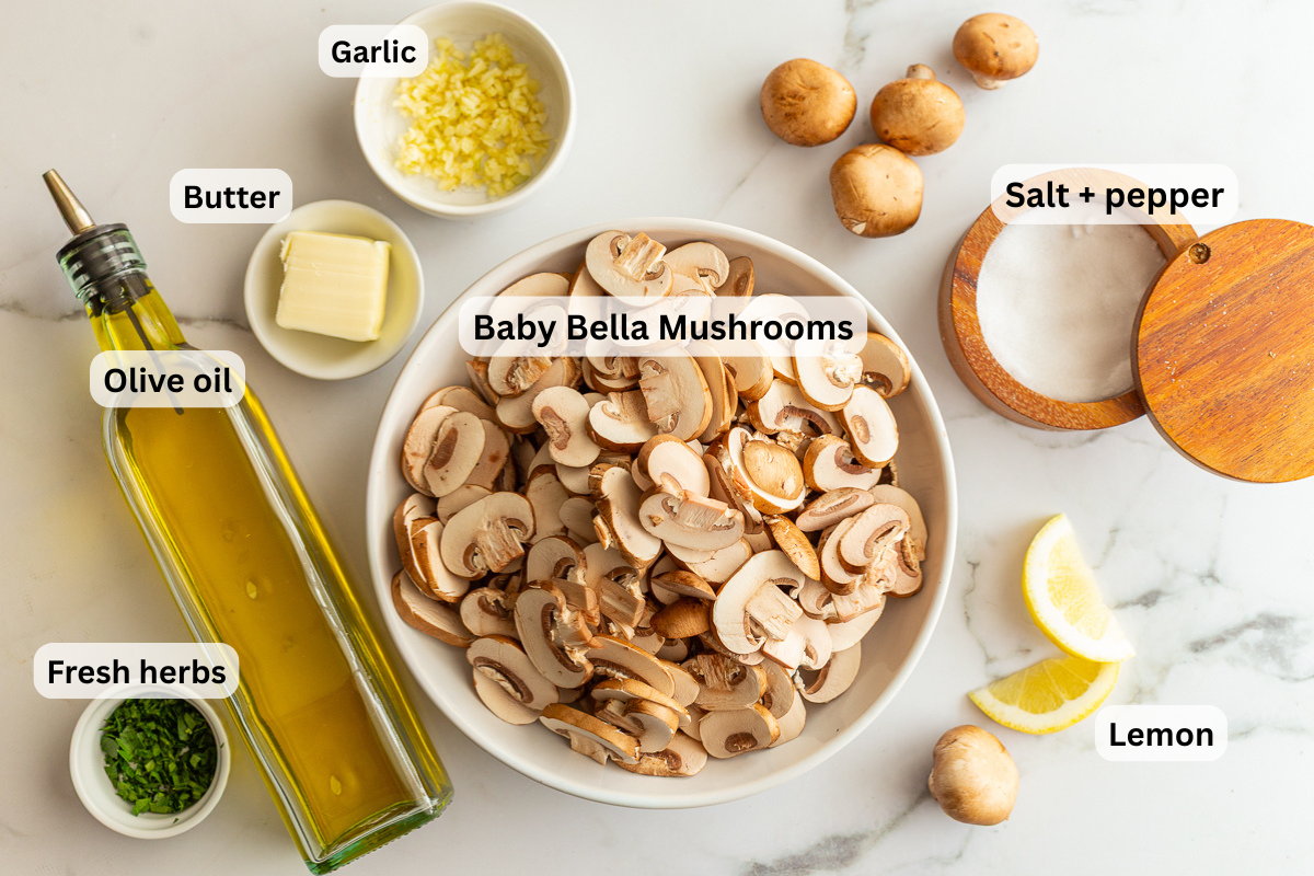 labeled ingredients needed for sauteed baby bella mushrooms including cremini mushrooms, salt, olive oil, garlic, and butter