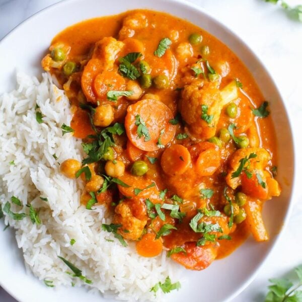 vegetarian tikka masala in a large white bowl
