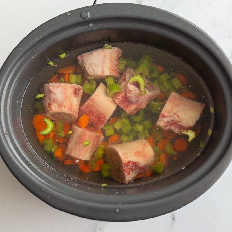 ingredients needed for dog bone broth in a slow cooker including water, bones, carrots, and celery