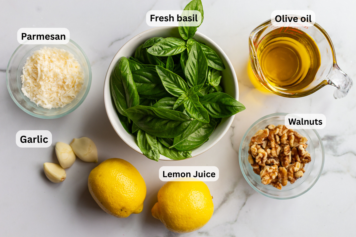 Overhead shot of walnut pesto ingredients labeled on a marble counter, including fresh basil, parmesan cheese, walnuts, garlic cloves, lemons, and olive oil