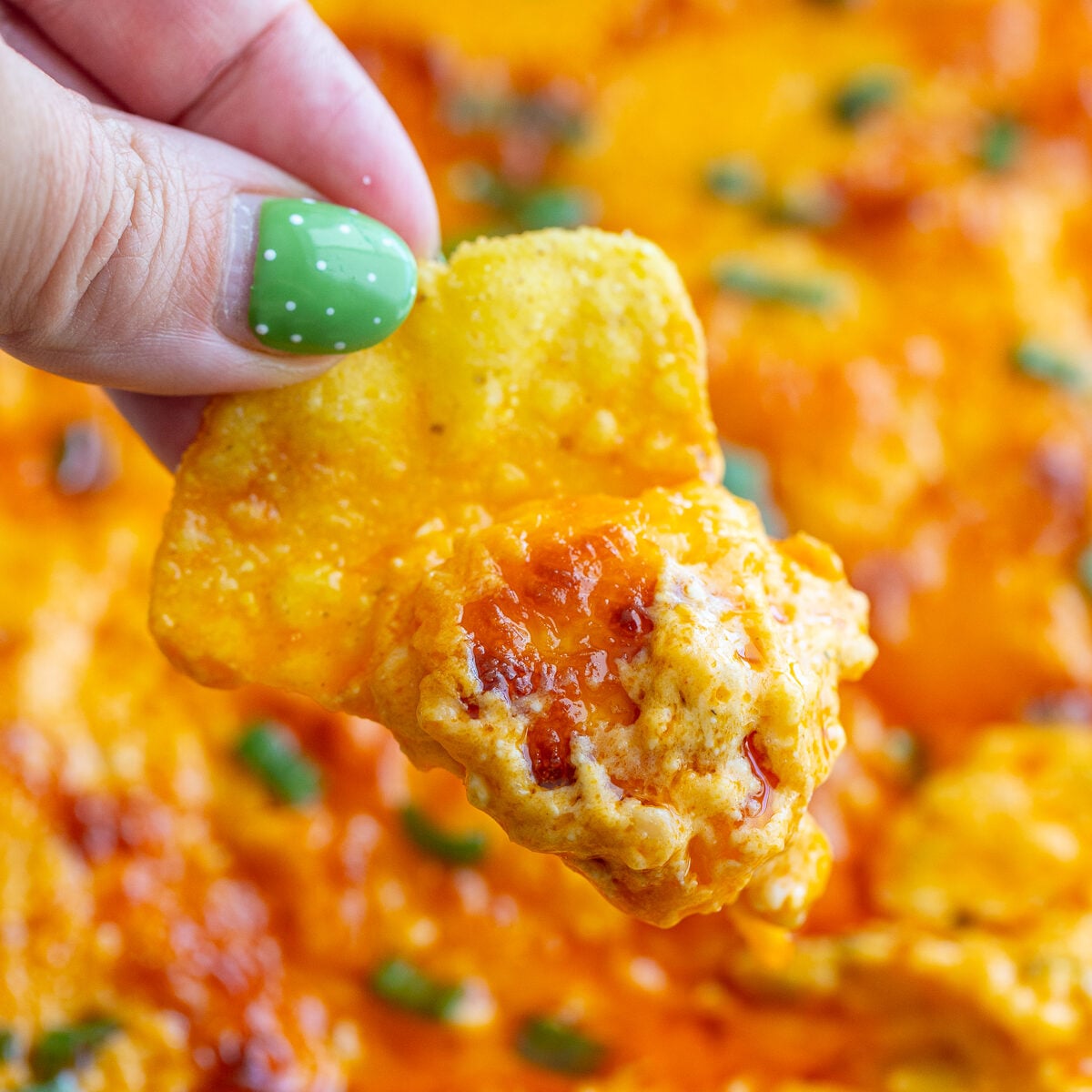 vegetarian buffalo chicken dip in a pan with a hand holding up a tortilla chip that has the dip on it