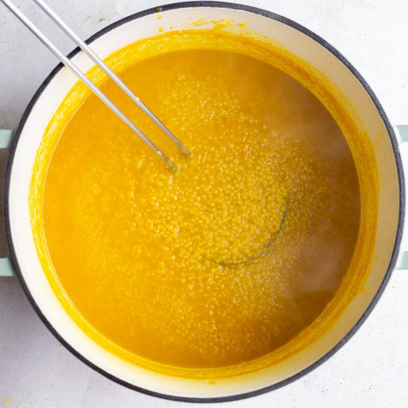 italian penicillin pastina soup in a large pot with a ladle pulling up soup