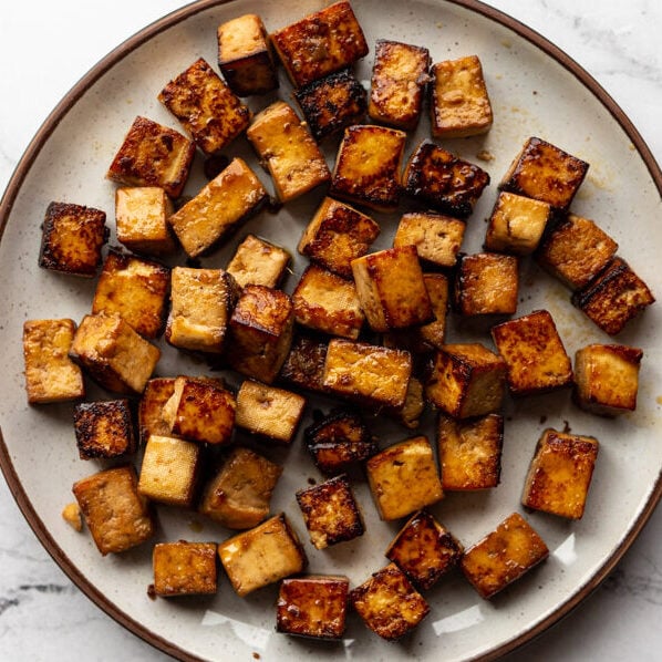 balsamic marinated tofu cubes on a plate