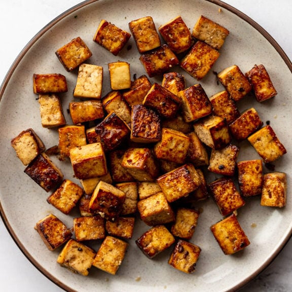 fajita marinated tofu chunks on a plate