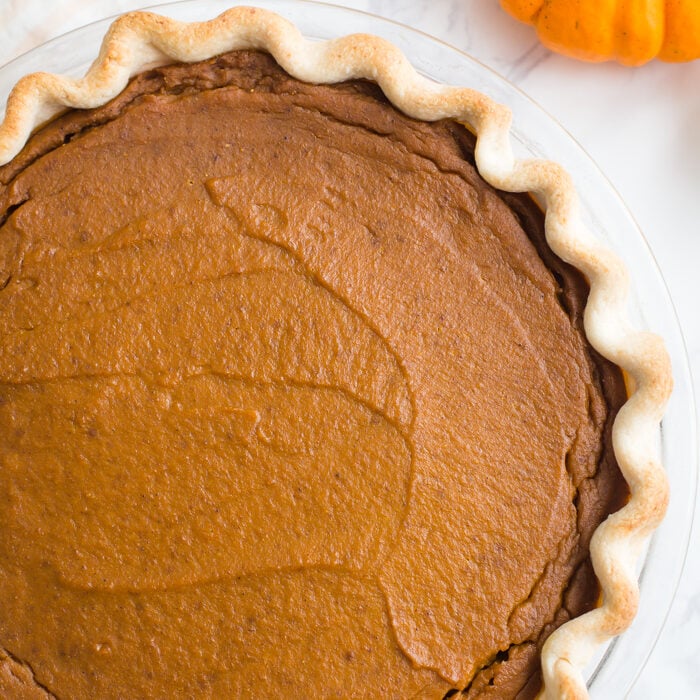 vegan pumpkin pie after it's been baked