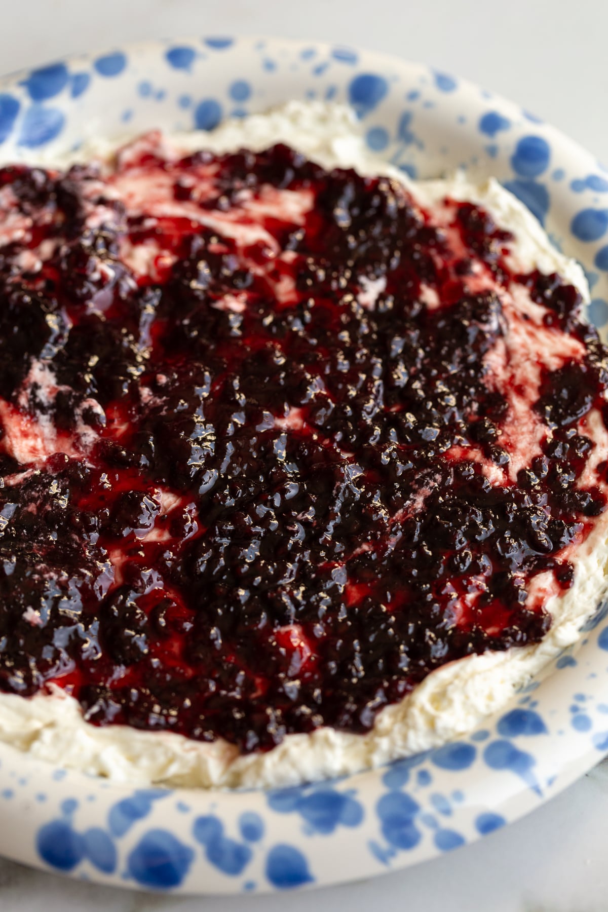 up close shot of cream cheese and pepper jelly dip on a blue and white speckled plate