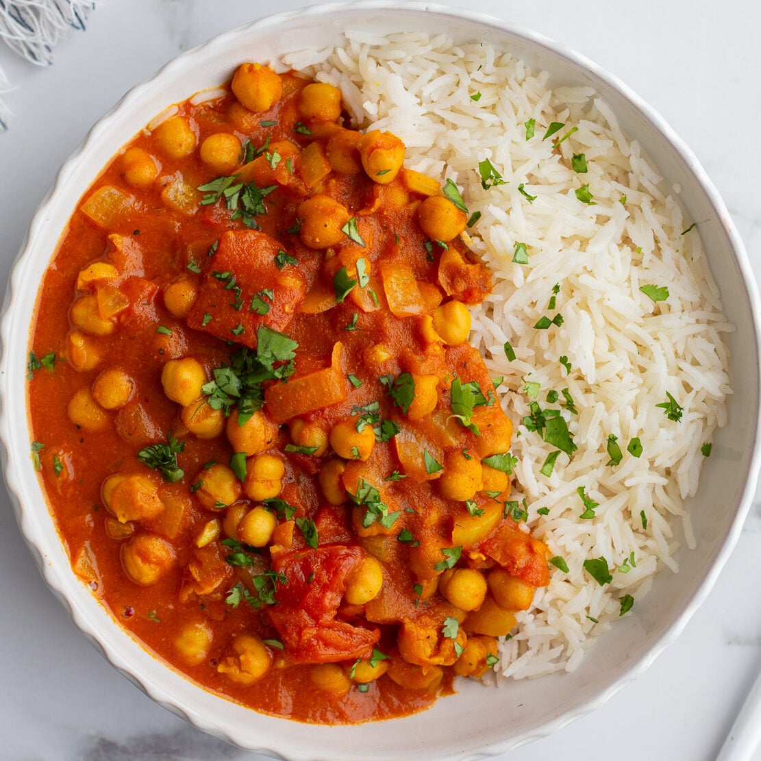 bowl of rice and Chickpea Tikka Masala
