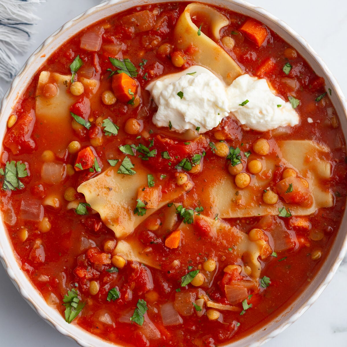 big bowl of Vegetarian Lentil Lasagna Soup