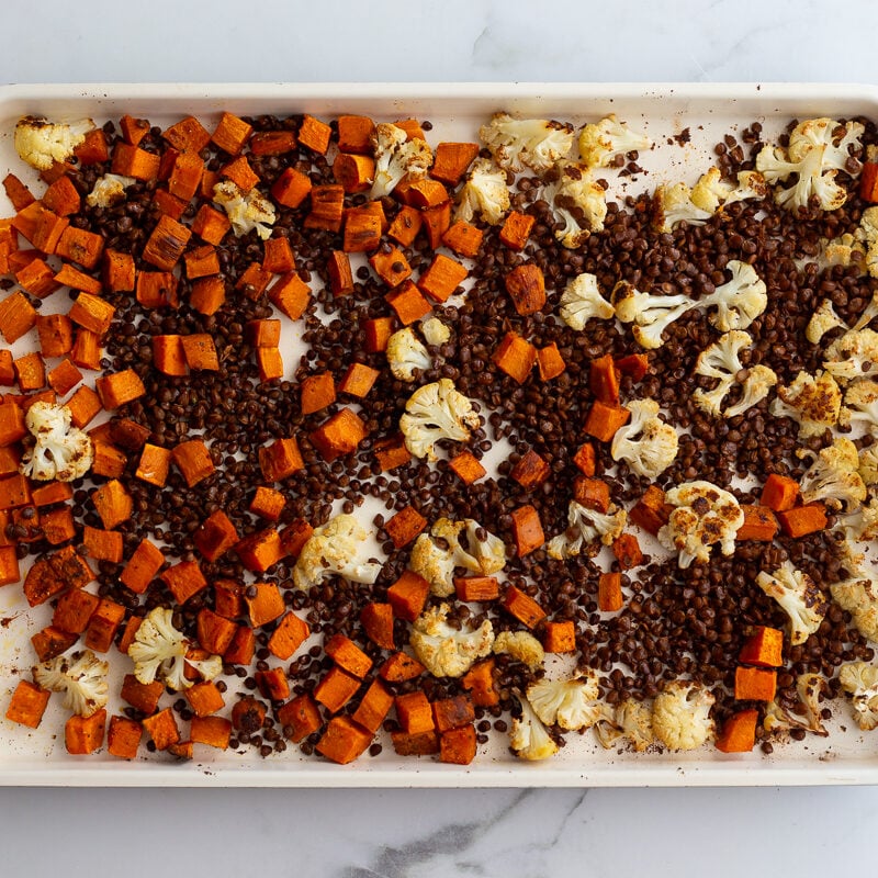 roasted sweet potato, cauliflower, and lentils on a large white baking tray