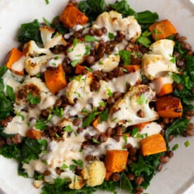 Roasted Sweet Potato lentil bowls in a large bowl drizzled with a dijon dressing